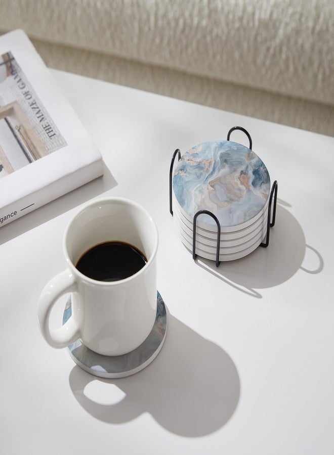 Hoomey Set of 6 Abstract Blue Marble Coasters with Holder, Absorbent Ceramic Coasters for Drinks, Coasters with Cork Backing for Table Protection, Housewarming Gifts for New Home - Image 4