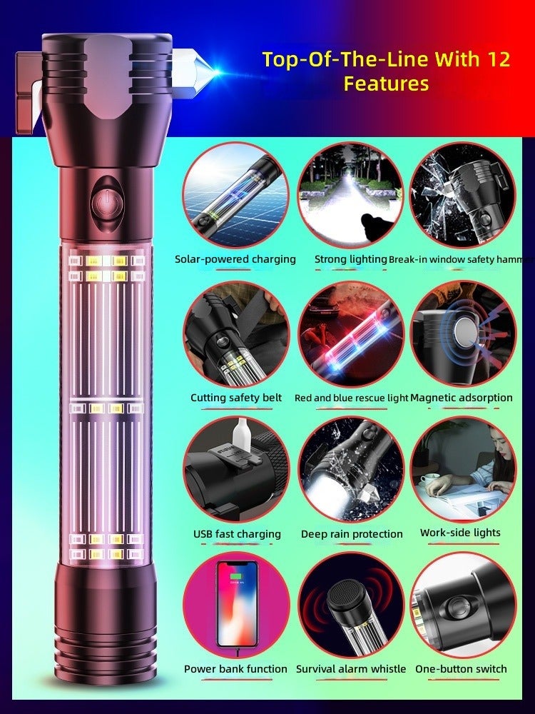 Solar-Powered Handheld Flashlight with Emergency Self-Defense Features, Safety Hammer, and Car Window Breaker