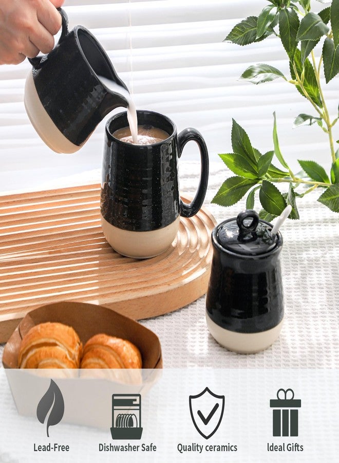 Tikooere Ceramic Sugar and Creamer Container Set of 3,10 Ounce Cream Pitcher,11 Ounce Sugar Bowl with Lid and Spoon,Farmhouse Coffee Bar Accessories Set for Serving,Microwave & Dishwasher Safe,Black - Image 3