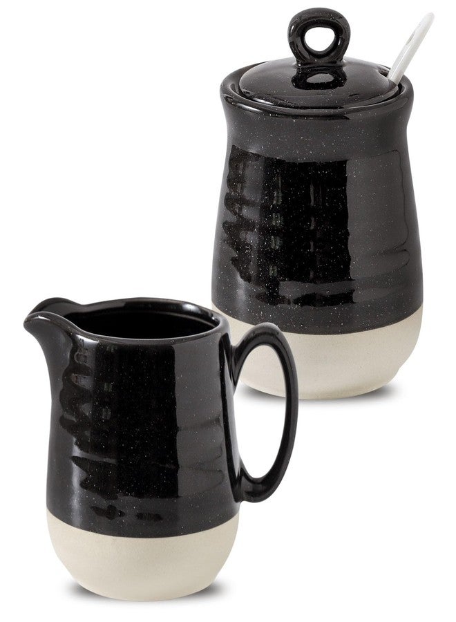 Tikooere Ceramic Sugar and Creamer Container Set of 3,10 Ounce Cream Pitcher,11 Ounce Sugar Bowl with Lid and Spoon,Farmhouse Coffee Bar Accessories Set for Serving,Microwave & Dishwasher Safe,Black - Image 1
