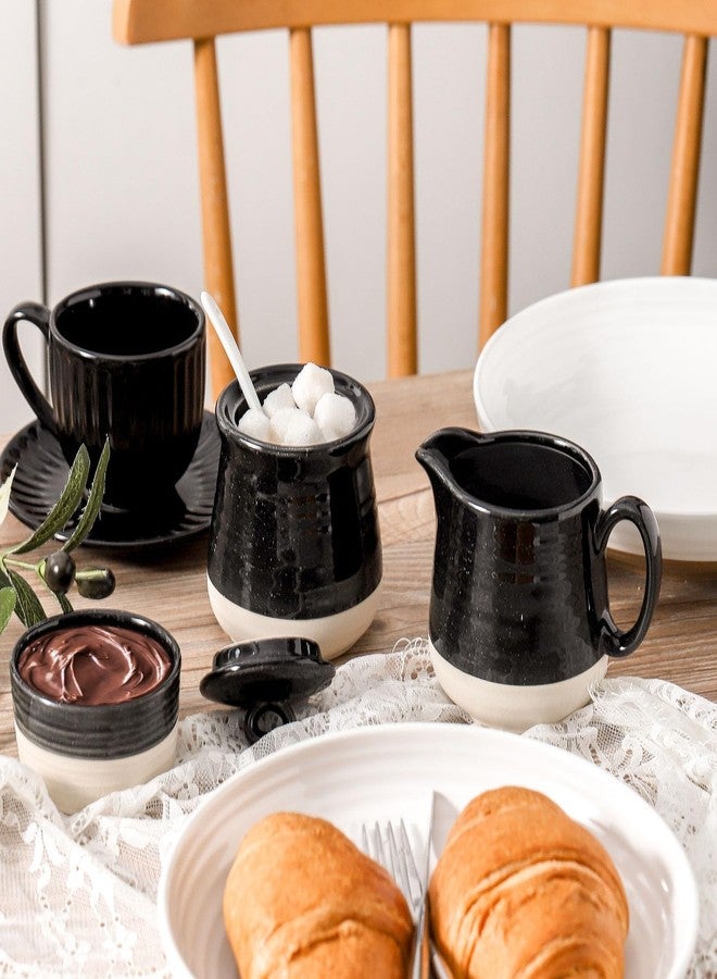 Tikooere Ceramic Sugar and Creamer Container Set of 3,10 Ounce Cream Pitcher,11 Ounce Sugar Bowl with Lid and Spoon,Farmhouse Coffee Bar Accessories Set for Serving,Microwave & Dishwasher Safe,Black - Image 4