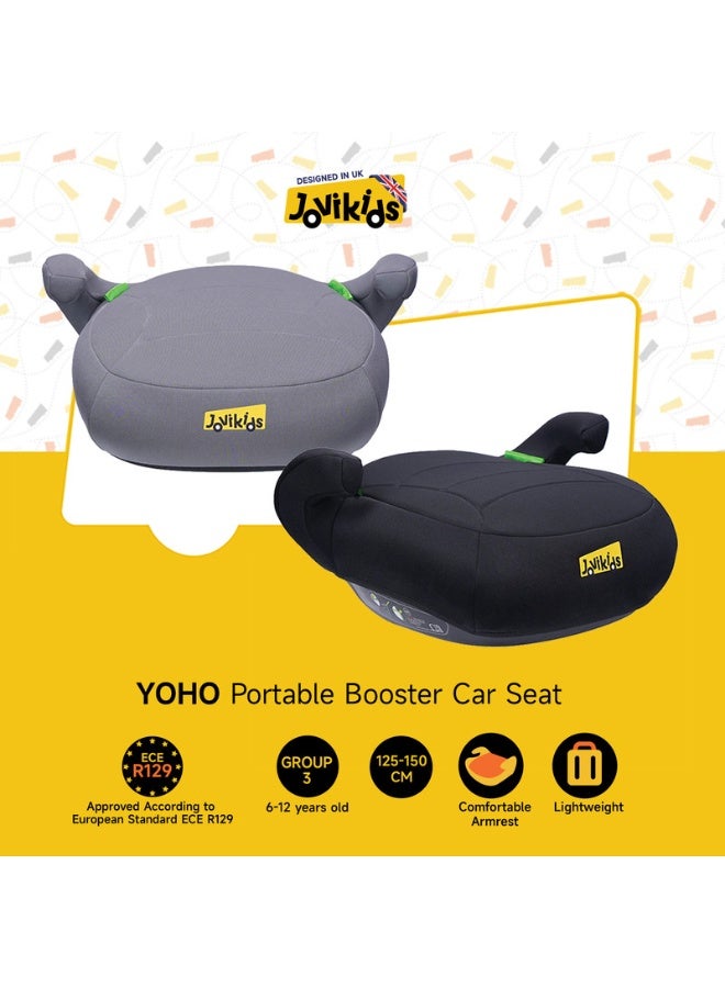 Jovikids مقعد تعزيز جوفي كيدز يوهو I-Size مجموعة 2/3 6–12 سنة معتمد ECE R129/E4 خفيف الوزن ومضغوط تركيب حزام أمان ثلاثي النقاط غطاء قابل للإزالة والغسل مساند ذراعين وراحة مبطنة رمادي - Image 2