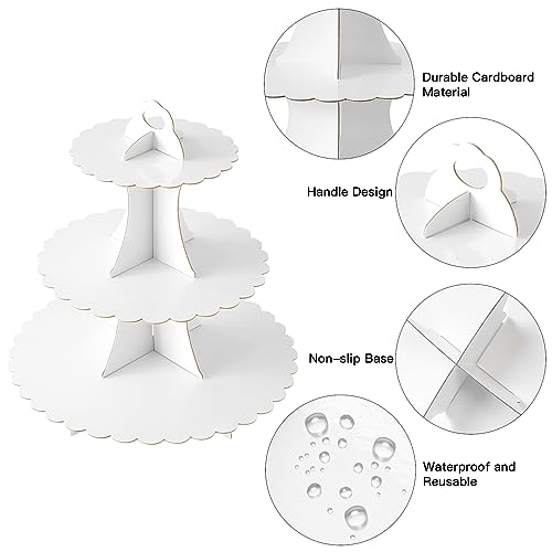 Soleebee 3-Tier Cupcake Stand, Cardboard Cupcake Tower, Dessert Cup Cake Stand Tower for Birthday Wedding Party Decoration, Cupcake Tier Stand 1 Set (White) - Image 3