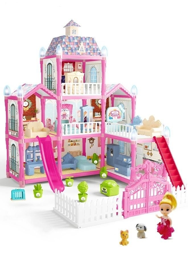 MIXDE 191PCS Doll House, 3 Stories 8 Rooms 1 Balcony, Dollhouse Sets with Dolls, Chimney & Slide, Furniture and Accessories, DIY Building Pretend Play Doll House, Playing House Building Playset  - Image 1