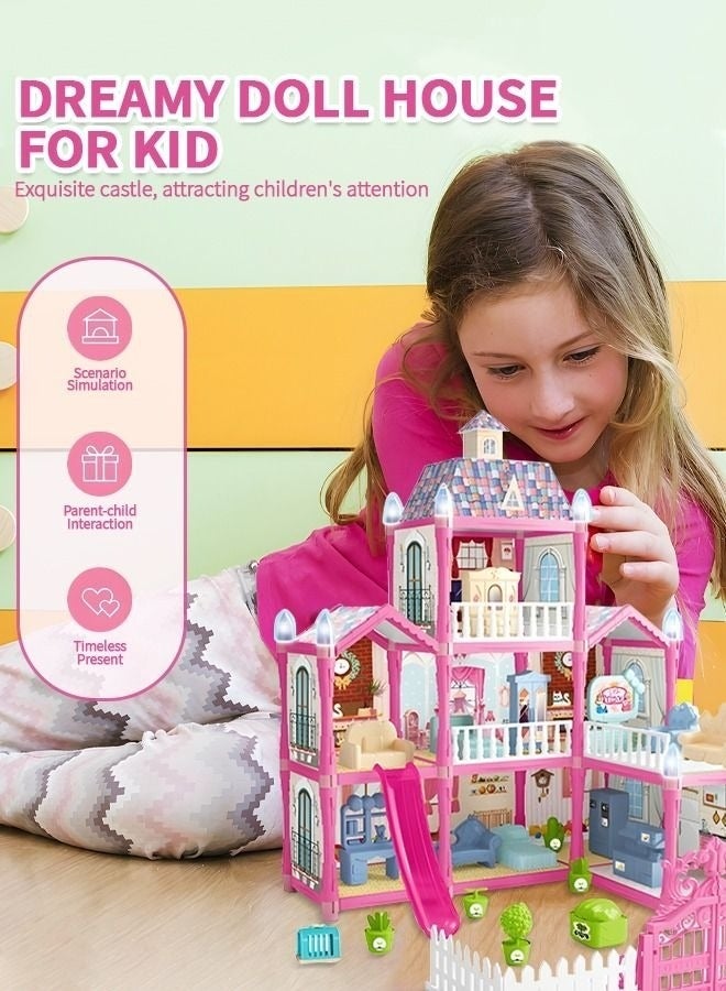 MIXDE 191PCS Doll House, 3 Stories 8 Rooms 1 Balcony, Dollhouse Sets with Dolls, Chimney & Slide, Furniture and Accessories, DIY Building Pretend Play Doll House, Playing House Building Playset  - Image 5