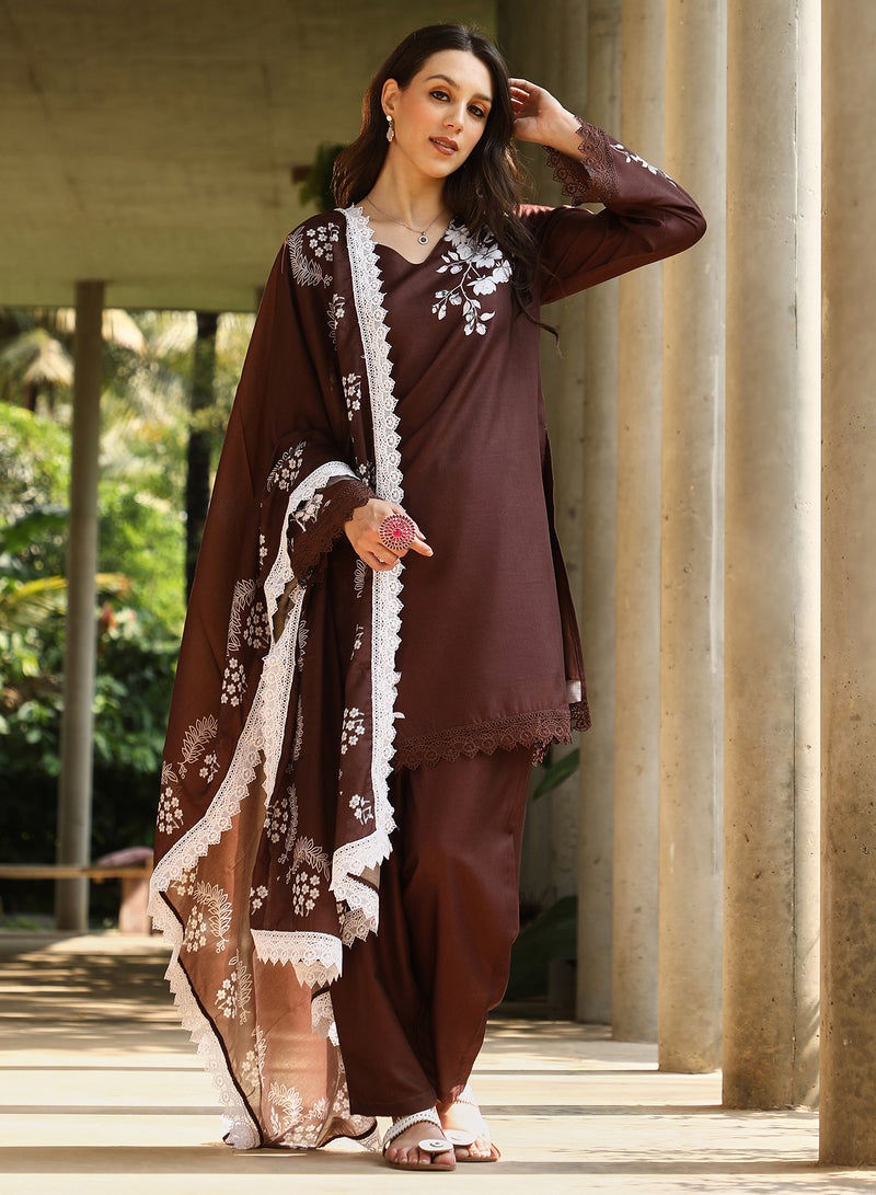 QISSA Qissa Women's Chocolate Brown Flora-Block Kurta Set For Casual Wear | V-Neck | Quarter Regular Sleeves | 3 Piece Kurta Set Designed With Comfort Fit For Everyday Ethnic Wear  - Image 1