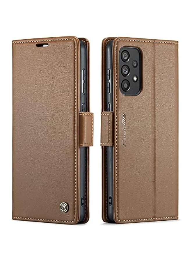 حافظة جلد PU بني لهاتف Samsung Galaxy A73 5G مع مانع للتشويش الراديوي وحامل قابل للطي - Image 1