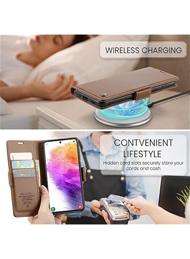 حافظة جلد PU بني لهاتف Samsung Galaxy A73 5G مع مانع للتشويش الراديوي وحامل قابل للطي - Image 3