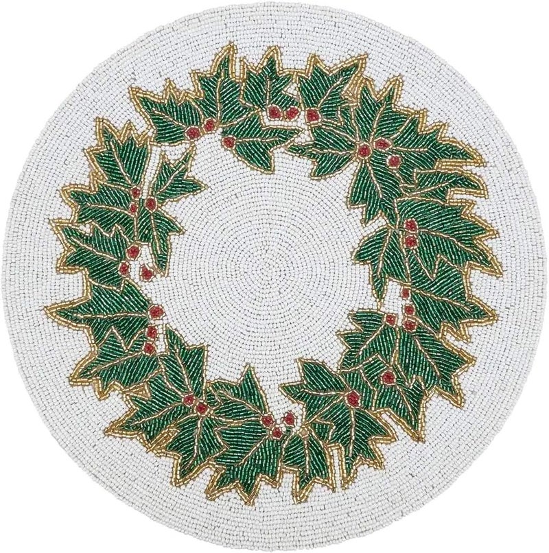 Fennco Styles Fennco Styles Hand Beaded Holly Holiday Placemat 15 Round 1Piece  Green  White Table Mat for Banquets Christmas Special Events and Home Dcor  - Image 1