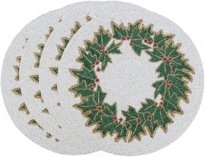 Fennco Styles Fennco Styles Hand Beaded Holly Holiday Placemat 15 Round 1Piece  Green  White Table Mat for Banquets Christmas Special Events and Home Dcor  - Image 4