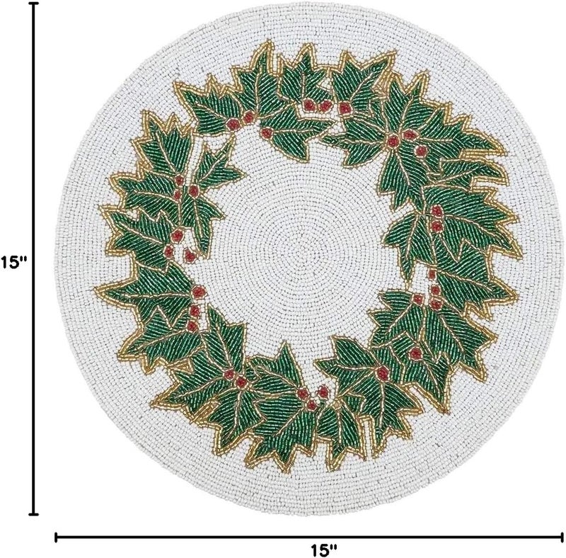 Fennco Styles Fennco Styles Hand Beaded Holly Holiday Placemat 15 Round 1Piece  Green  White Table Mat for Banquets Christmas Special Events and Home Dcor  - Image 5