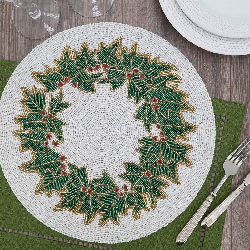 Fennco Styles Fennco Styles Hand Beaded Holly Holiday Placemat 15 Round 1Piece  Green  White Table Mat for Banquets Christmas Special Events and Home Dcor  - Image 3