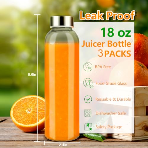Zukro Glass Water Bottles with Lids 18 oz 3 Pack Reusable Juice Bottles With Stainless Steel Airtight Cap for Juicing Leak Proof Clear Drinking Jar Beverage storage container for Fridge BPA Free - Image 3