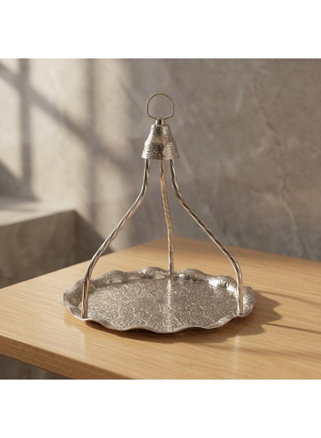 صينية تقديم عثمانية يدوية من معدن الزاماك باللون الفضي مع حامل – تصميم تركي تقليدي - Image 1