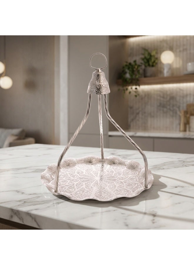 صينية تقديم عثمانية يدوية من معدن الزاماك باللون الفضي مع حامل – تصميم تركي تقليدي - Image 3