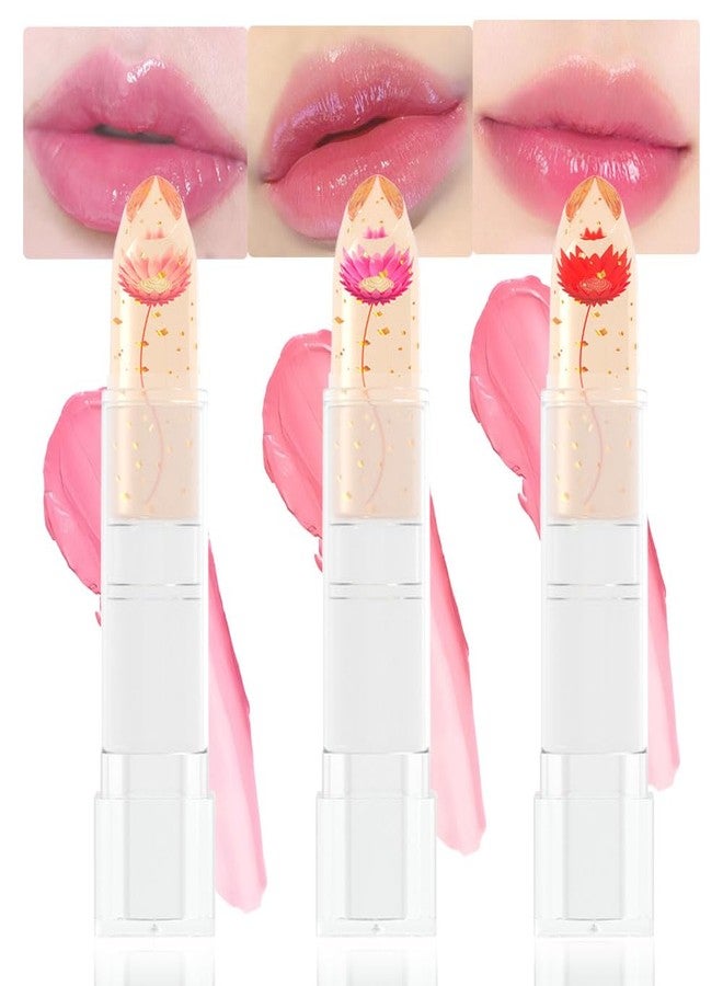 BINGBRUSH 3 Pcs Crystal Flower Jelly Color Changing Lipstick,Long Lasting Lip Care Moisturizer Lip Balm Magic Color Change Lip Gloss Lip Tint Stain Matte Makeup Lipstick - Image 1