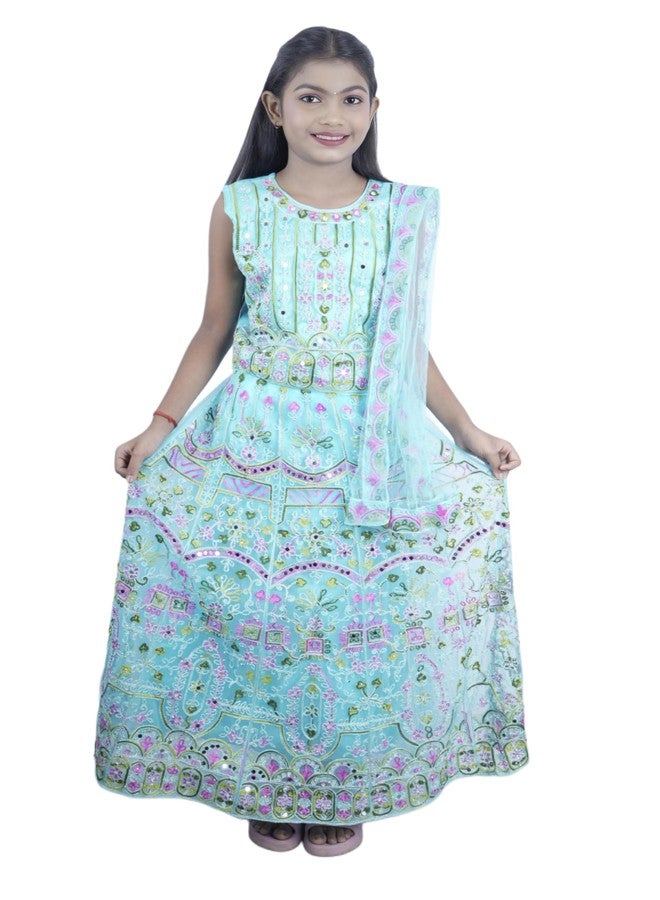 Bhakti Basket Girls Floral Lehenga, Mint Blue, Embroidered Long Dress - Image 5