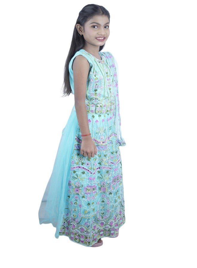 Bhakti Basket Girls Floral Lehenga, Mint Blue, Embroidered Long Dress - Image 4