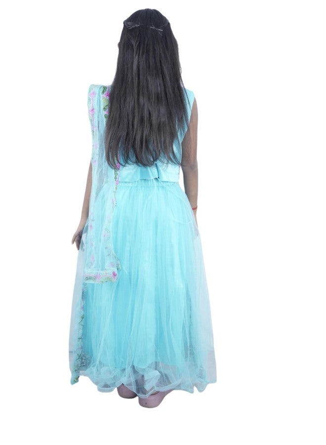 Bhakti Basket Girls Floral Lehenga, Mint Blue, Embroidered Long Dress - Image 3