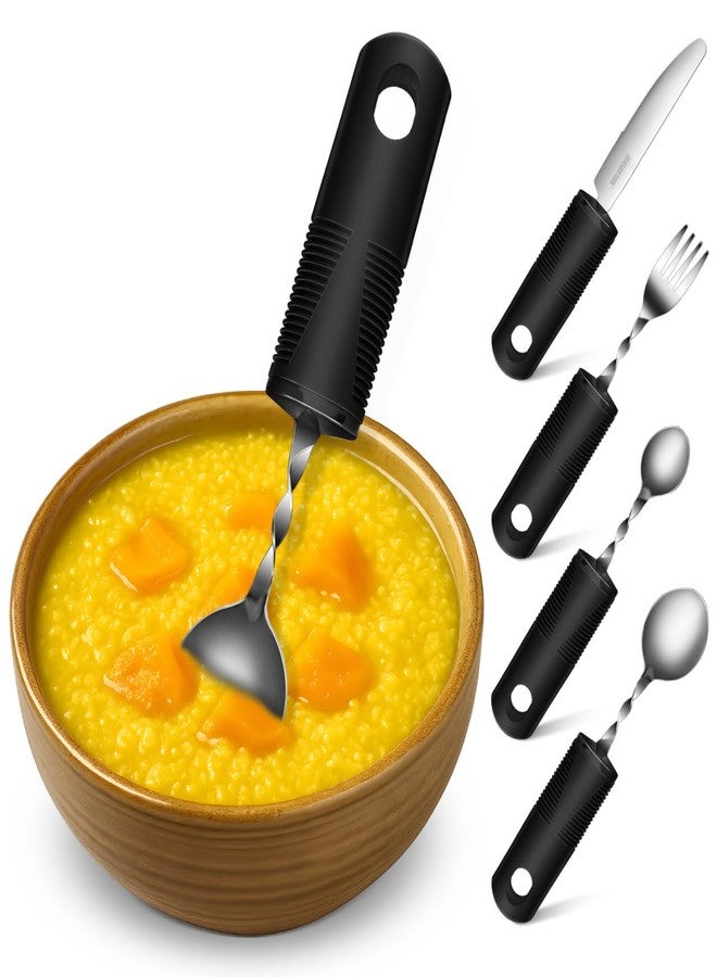 Solustre Adaptive Utensils for Elderly 4-Piece Stainless Steel Bendable Tableware Set with Non-Slip Textured Handles Lightweight Anti-Shake Fork Spoon Cutter for S and Disabled Adults - Image 1