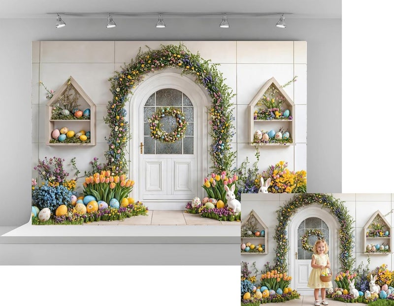 Kate 7x5ft Colorful Easter Eggs Backdrops for Photography White Rabbit with Beautiful Flowers Background Celebrate Easter Holiday Studio Backdrop - Image 1