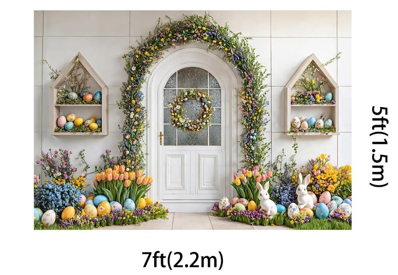 Kate 7x5ft Colorful Easter Eggs Backdrops for Photography White Rabbit with Beautiful Flowers Background Celebrate Easter Holiday Studio Backdrop - Image 2