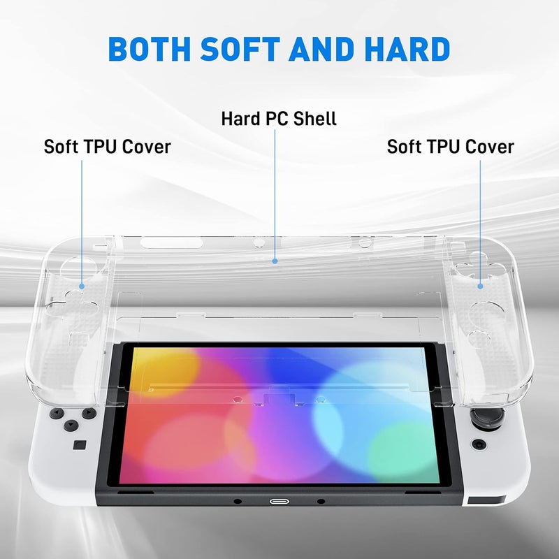 FANPL مجموعة حالات شفافة محسنة من لجهاز Nintendo Switch OLED، غطاء لوحدة التحكم Switch OLED مصنوع من البلاستيك الخاص (PC)، وحالة من البولي يوريثان (TPU) بنمط شبكي شفاف لجهاز Joy Con، تشمل المجموعة حامي شاشة واحد و12 غطاء لأزرار الإبهام. - Image 4