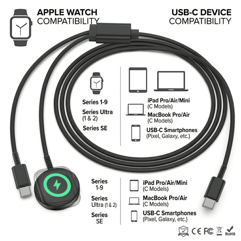 White 2 in 1 Braided Nylon Charging Cable for Apple Watch and iPhone - Image 4