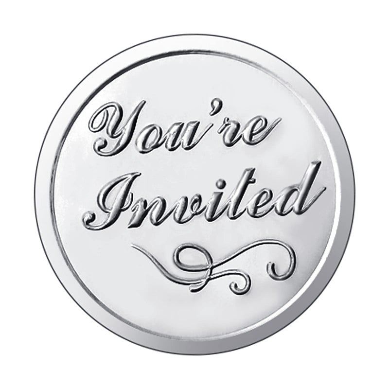Outus 100 Pieces Silver You're Invited Embossed Foil Seals Sticker Embossed Aluminum Foil Envelopes Sticker for Wedding Envelopes Present Decoration - Image 1