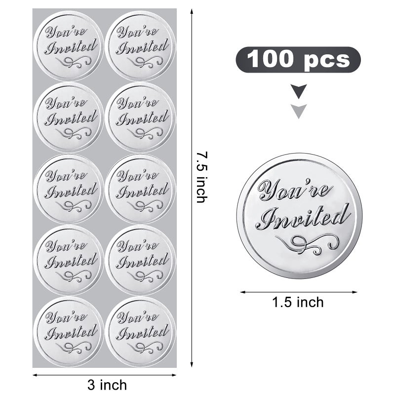 Outus 100 Pieces Silver You're Invited Embossed Foil Seals Sticker Embossed Aluminum Foil Envelopes Sticker for Wedding Envelopes Present Decoration - Image 2