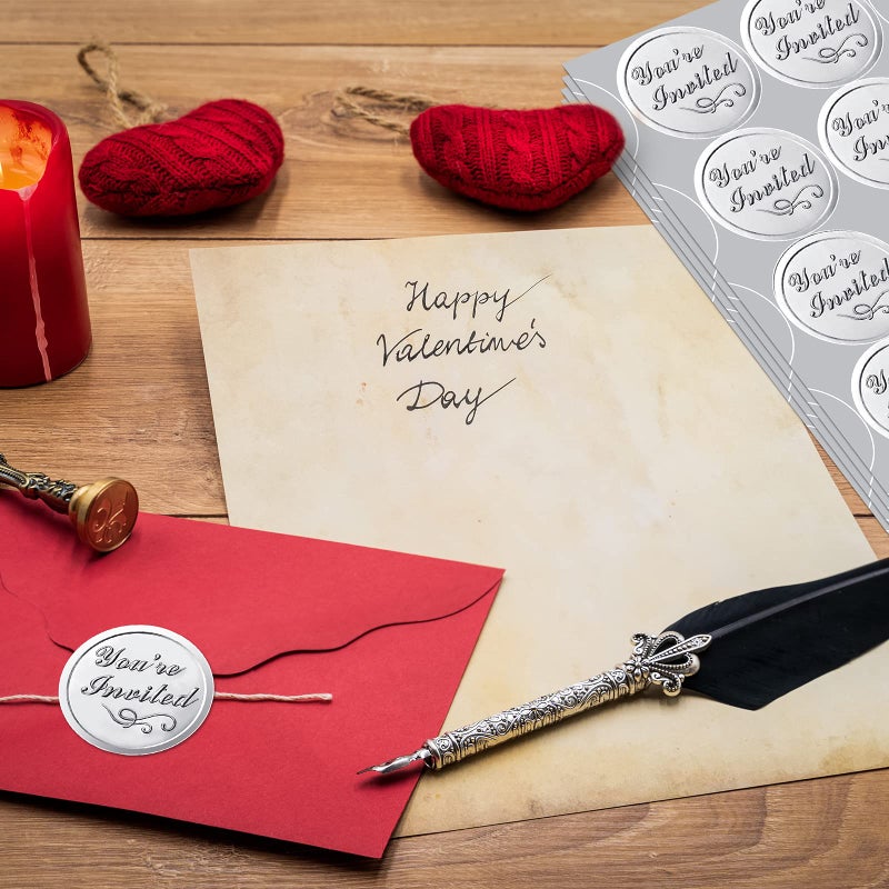 Outus 100 Pieces Silver You're Invited Embossed Foil Seals Sticker Embossed Aluminum Foil Envelopes Sticker for Wedding Envelopes Present Decoration - Image 5