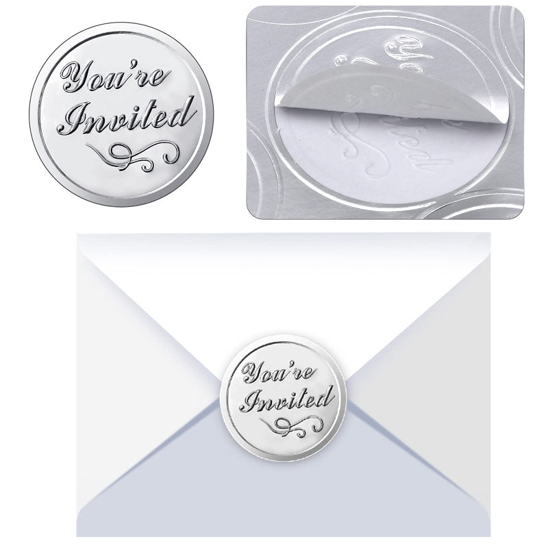 Outus 100 Pieces Silver You're Invited Embossed Foil Seals Sticker Embossed Aluminum Foil Envelopes Sticker for Wedding Envelopes Present Decoration - Image 3