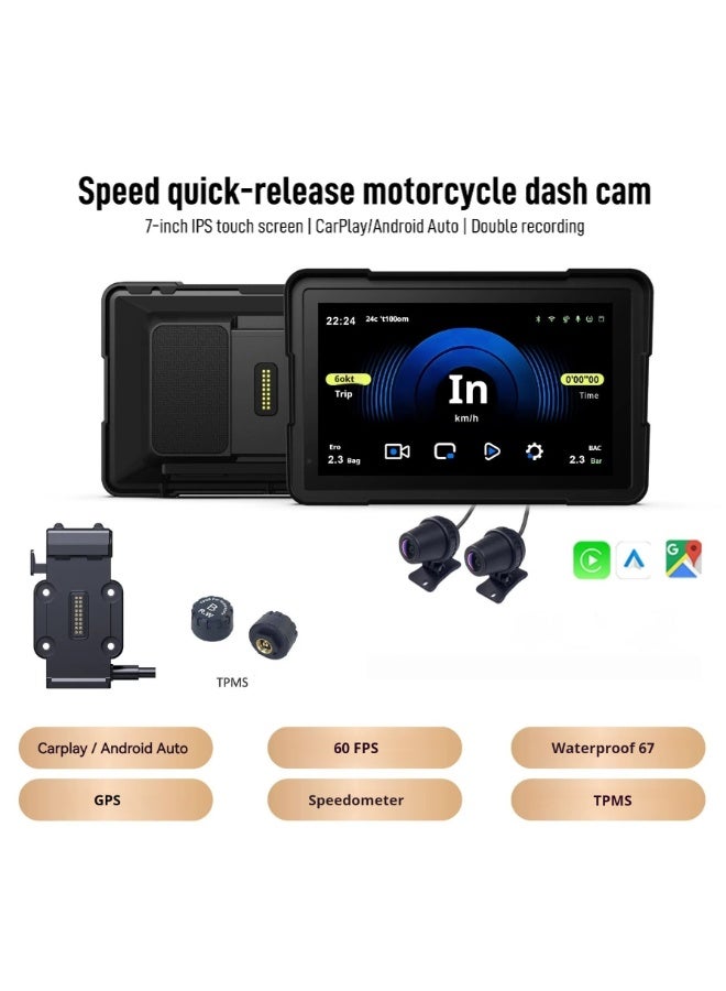 7'' Waterproof Motorcycle GPS Navigation | Wireless CarPlay Android Auto Quick Release Design Dash Cam TPMS - Image 1