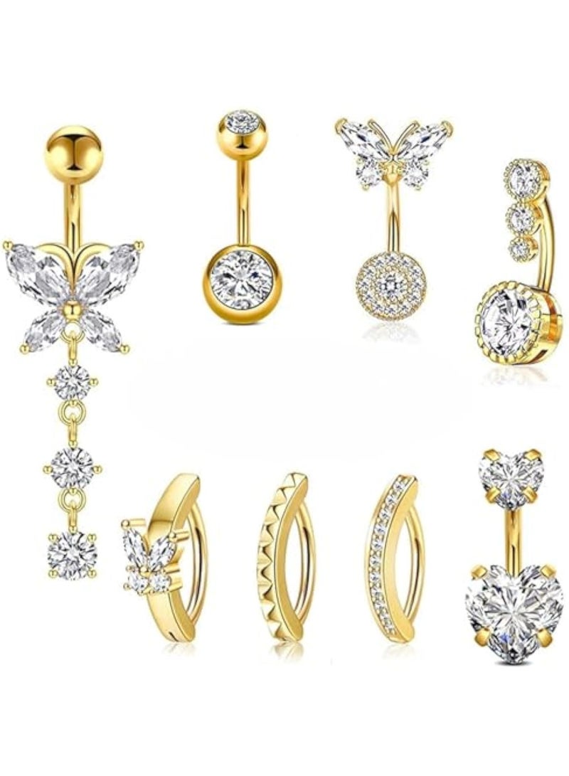 8 قطع من حلقات زر البطن المطلية بالفضة/الذهب، حلقات جراحية من الفولاذ المقاوم للصدأ، حلقات زر البطن، زر البطن، مجموعة ثقب السرة للنساء، فضي/ذهبي (اللون: ذهبي) - Image 1