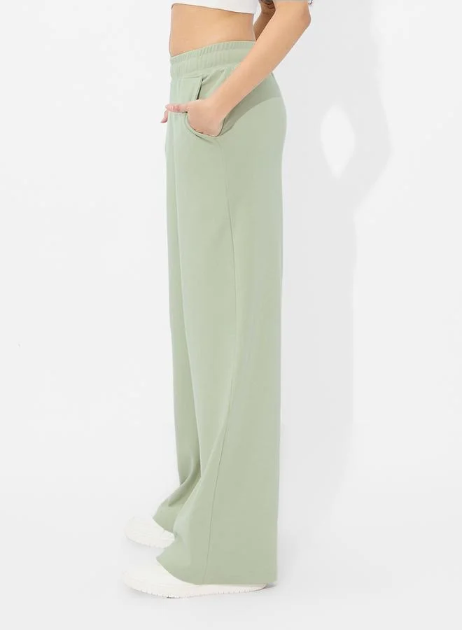 The Souled Store Green Wide Leg Joggers with Elastic Waistband