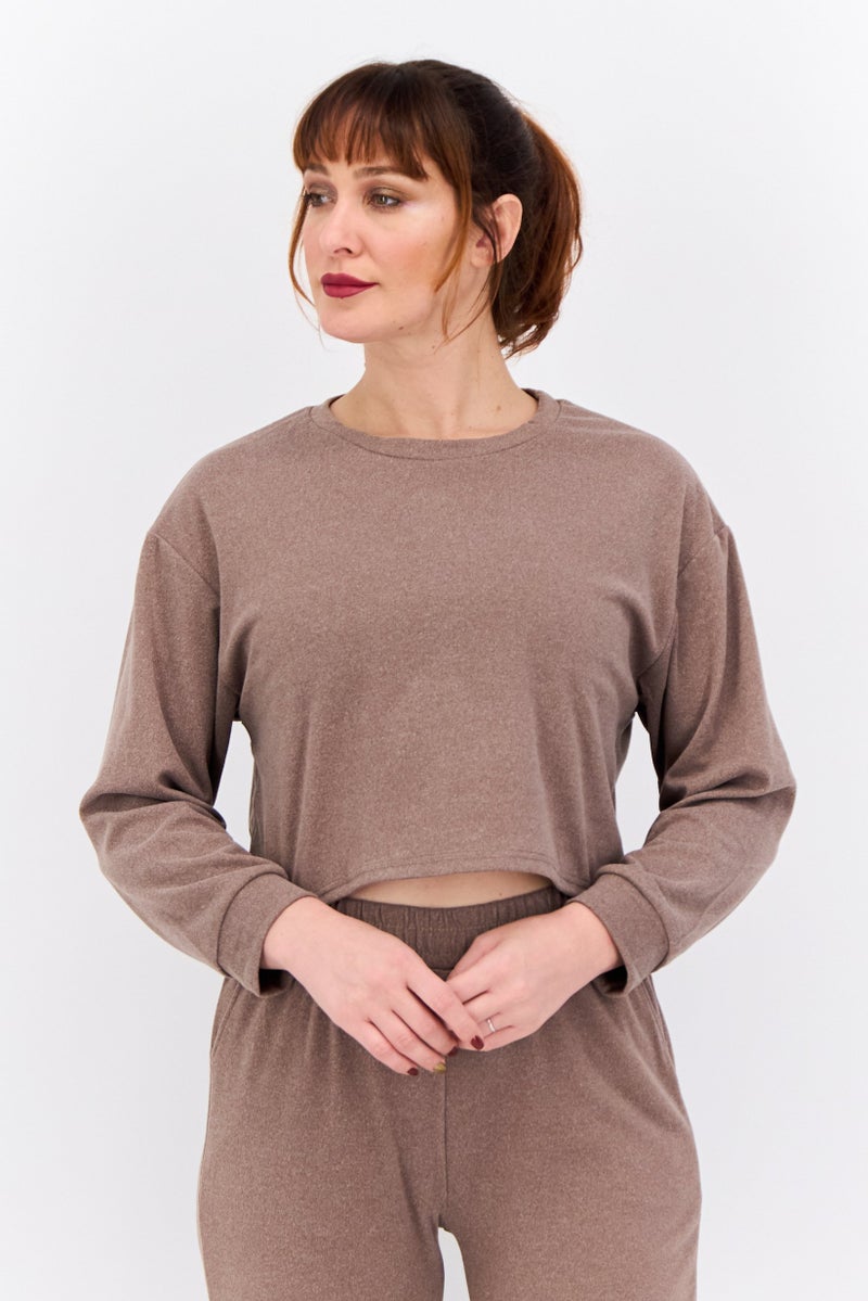 Buzz طقم نسائي من قطعتين بقلنسوة دائرية من فليس هذر، بني - Image 2