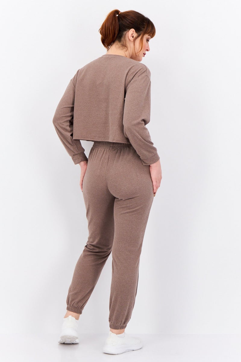 Buzz طقم نسائي من قطعتين بقلنسوة دائرية من فليس هذر، بني - Image 4