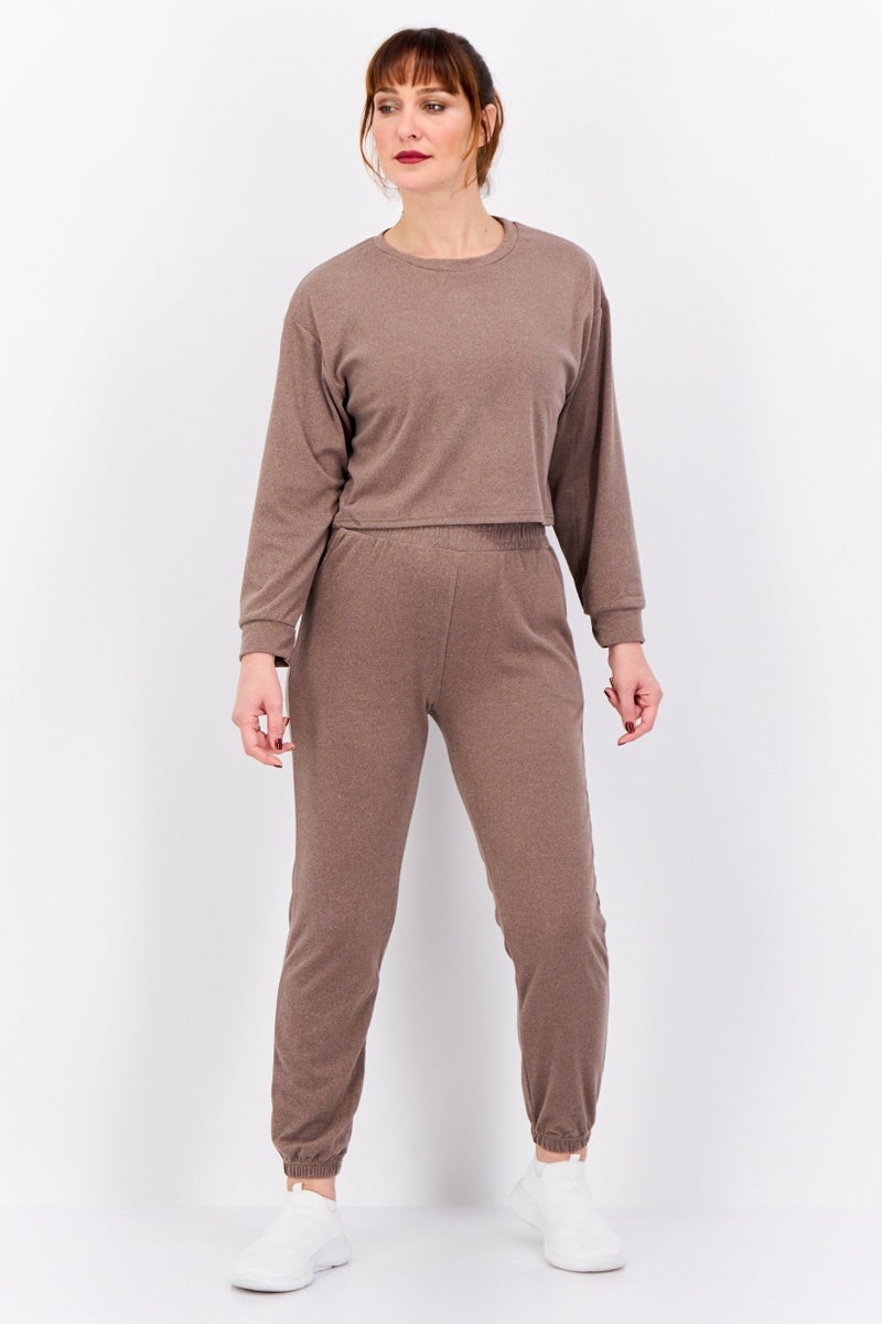 Buzz طقم نسائي من قطعتين بقلنسوة دائرية من فليس هذر، بني - Image 1