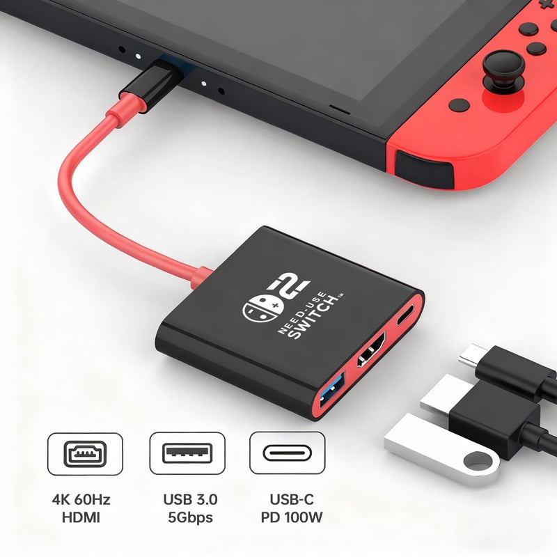 AHGEIIY محطة إرساء AHGEIIY Switch 2 لجهاز نينتندو سويتش، ترقية لمحول تلفاز نينتندو سويتش مع HDMI 4K@ 60Hz ومنفذ USB 3.0 و100W PD، محطة إرساء محمولة للسفر لجهاز سويتش 2/OLED ماك بوك ستيم ديك - Image 3