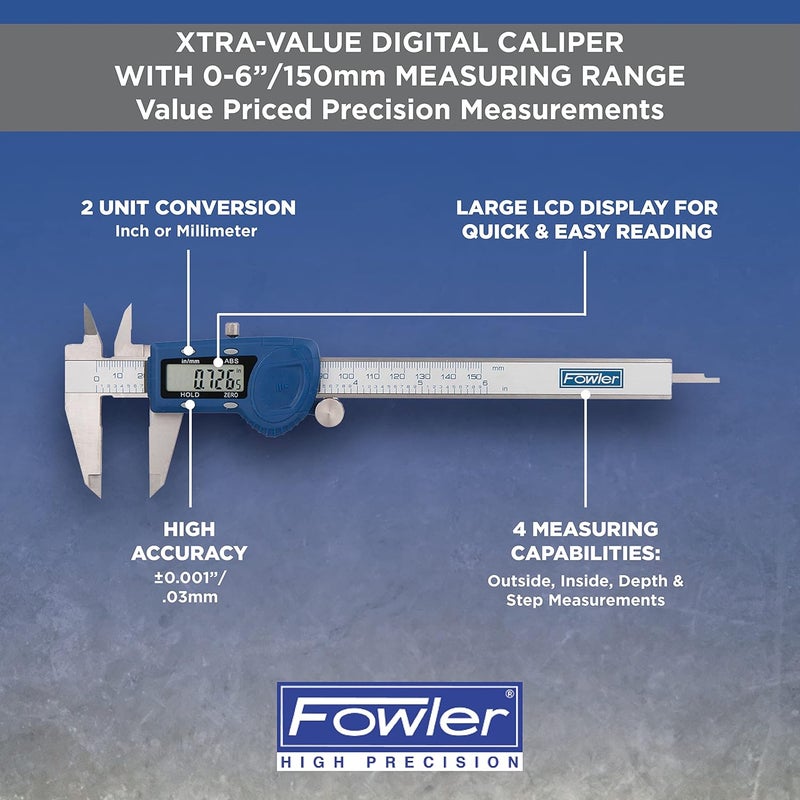 Fowler 54-101-150-2, Xtra-Value Cal Digital Caliper With 0-6"/150MM Measuring Range,Blue - Image 4