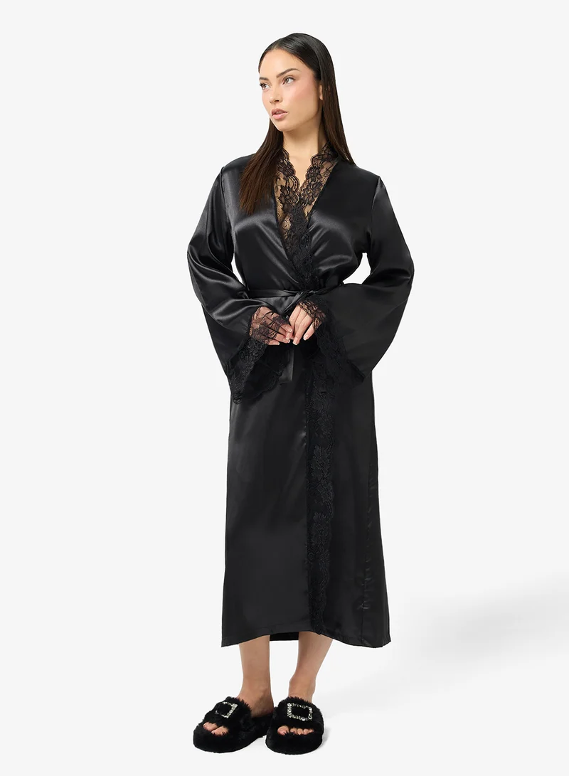 Ginger Satin Robe with Lace Trim