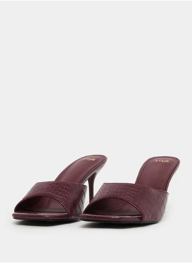 Styli Croc-Textured Open Toe Stiletto Heel Sandals