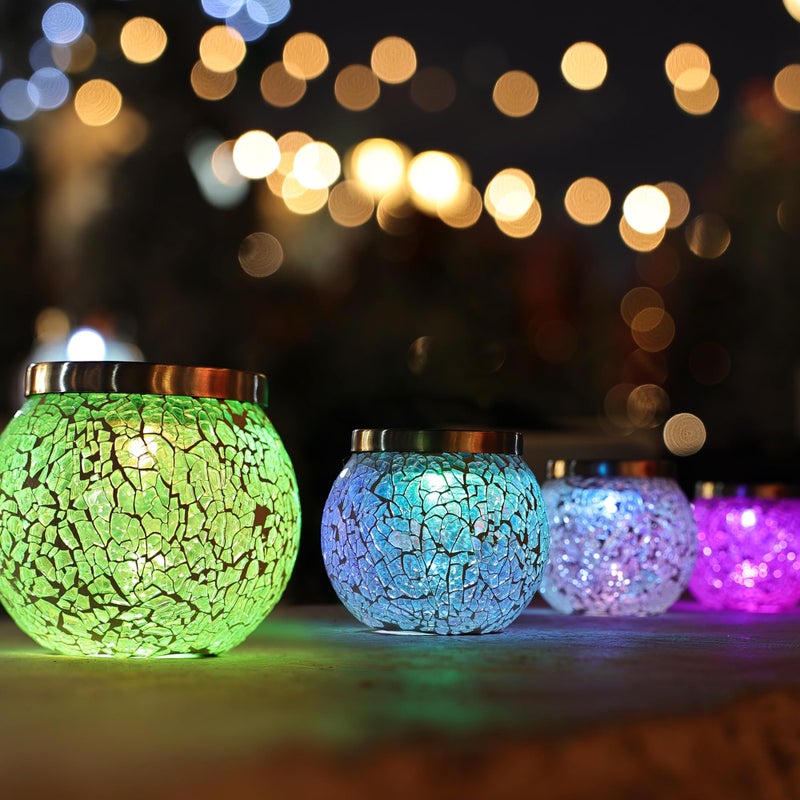 Cooo 6 Pack Gift for him her Heavy Solar Mosaic Crackle Glass Lights with Dual Solar Panels, Color-Changing RGB Lantern, Exclusive Dazzling Glass, Waterproof Outdoor Table Lamps Garden Lamp - Image 1