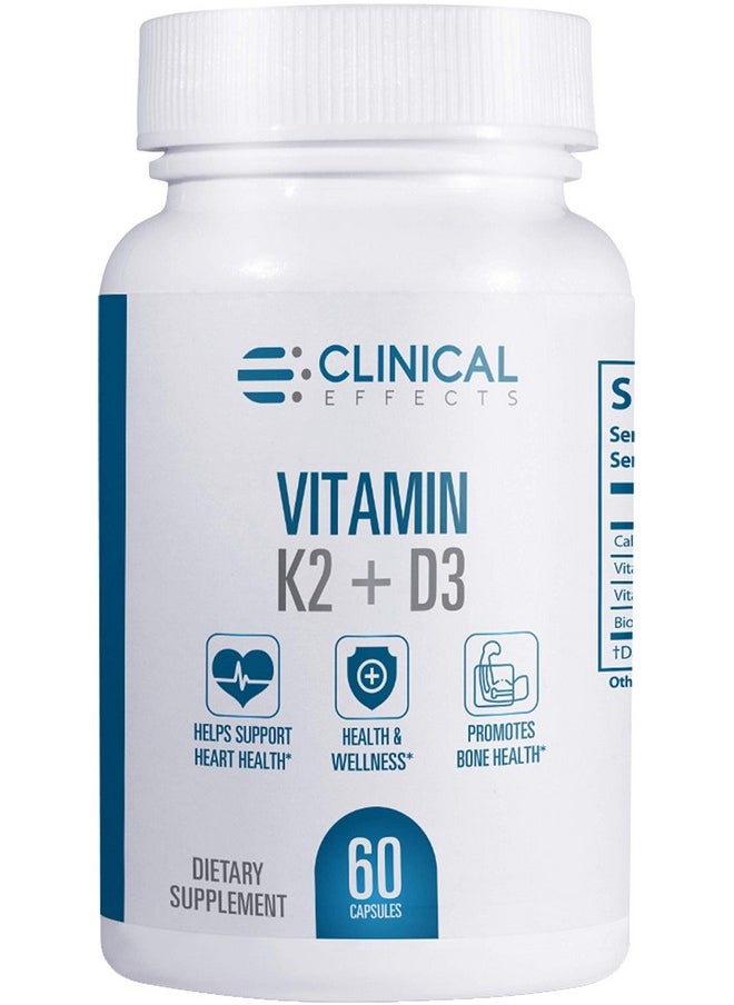 Clinical Effects Vitamin K2 + D3 K2 + D3 Vitamin Supplement With Bioperine Black Pepper Extract And Calcium For Bone And Heart Health Support 60 Capsules Max Absorption Made In The Usa  - Image 1
