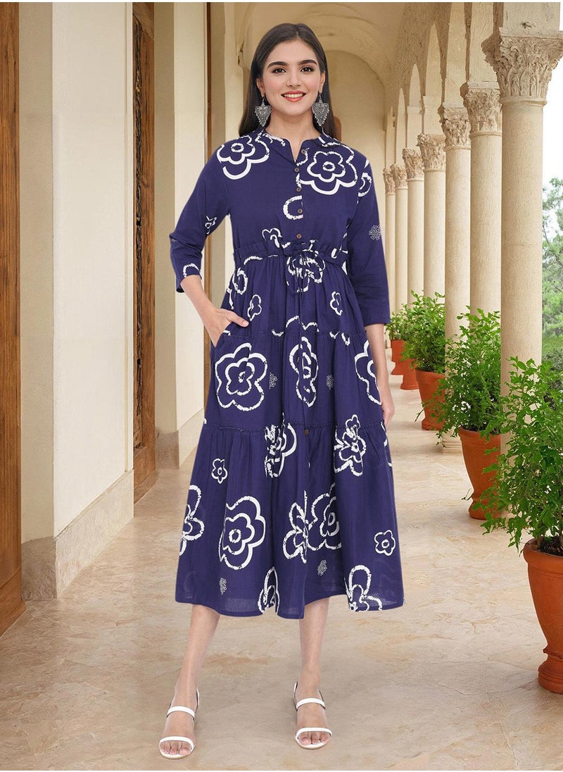 ISHIN Women's Blue 100% Cotton Embellished Regular Fit Dress  - Image 2