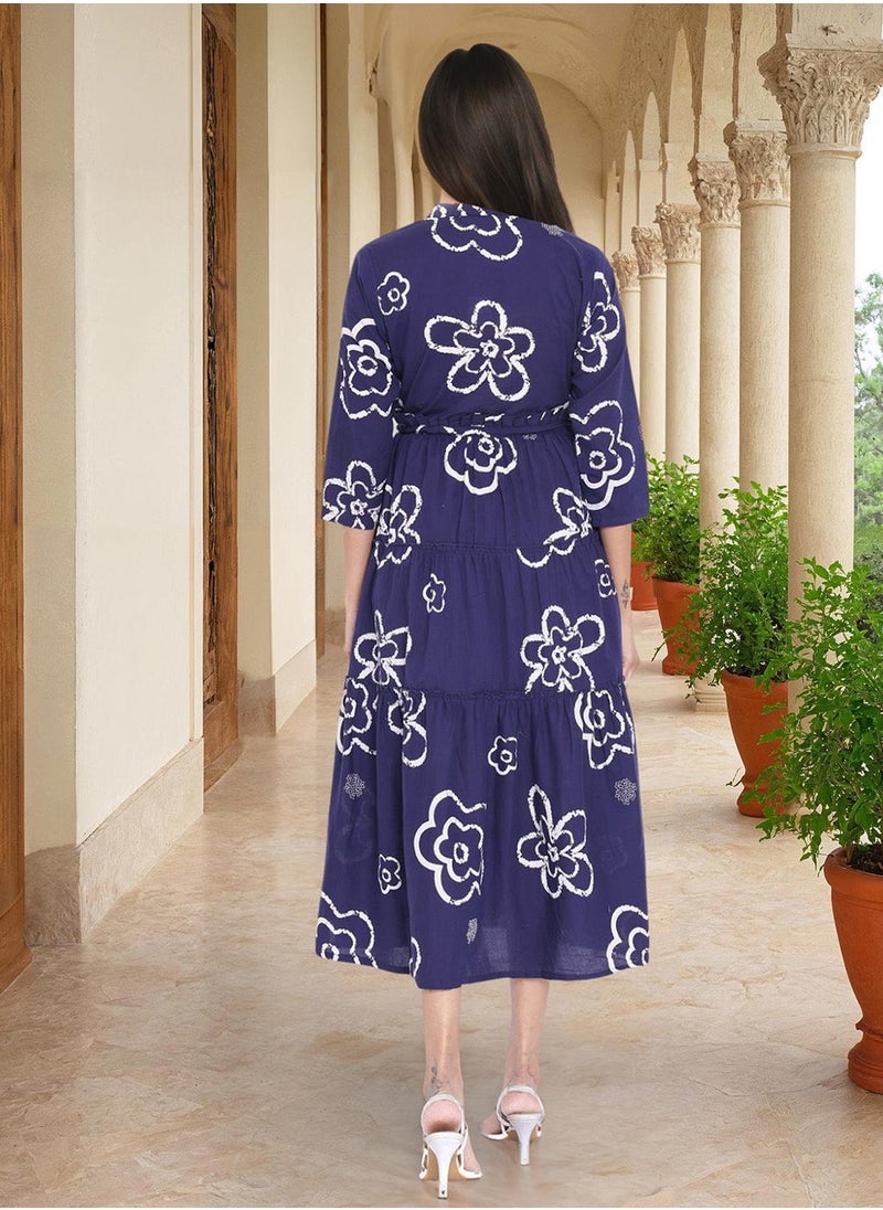 ISHIN Women's Blue 100% Cotton Embellished Regular Fit Dress  - Image 3
