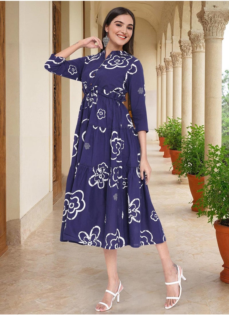 ISHIN Women's Blue 100% Cotton Embellished Regular Fit Dress  - Image 5