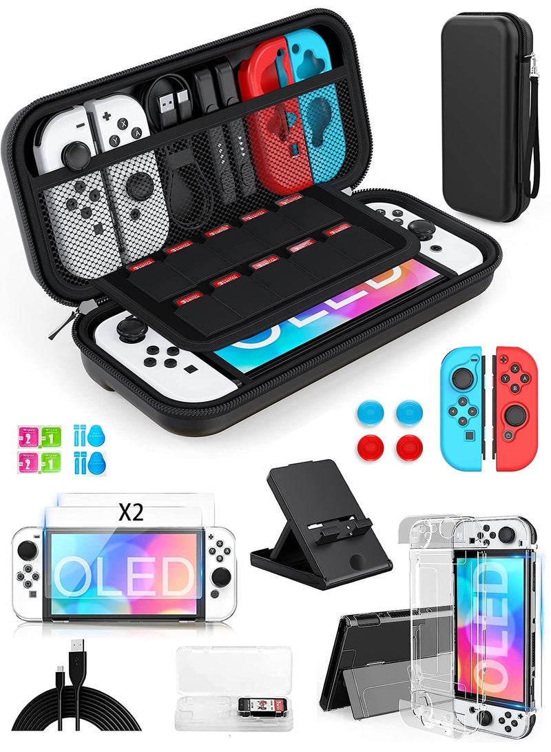 Captaintech 13 IN 1 Carrying Case Accessories For Nintendo Switch OLED Model Include Screen Protector, Protective Cover Case, Data Cable, Kickstand, Thumb Grip Caps  - Image 1