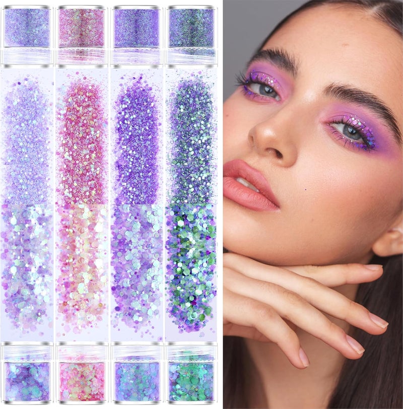 GABOX 8 Jars Mermaid Purple Cosmetic Chunky Glitter Set, Holographic Nail Resin Glitter, Fine Powder+1mm+2mm+3mm Sequins Flakes, Iridescent Art Glitter Set for Body Face Eyes Hair Crafts