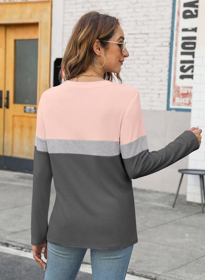 MineTom Women's Color Block Tunic Tops Casual Long Sleeve Shirts Round Neck Pullover, A Pink-gray-charcoal, XXL - Image 4